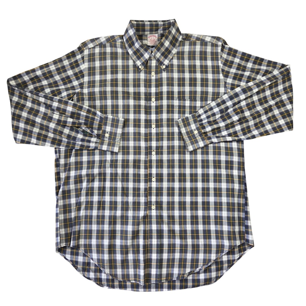 Brooks Brothers Mens Plaid Button Down Shirt 16-R Navy Yellow Cotton Made in USA